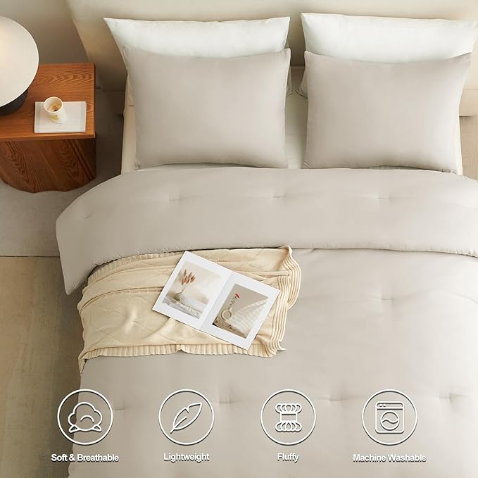 CozyLux Queen Comforter Set Oatmeal, 3 Pieces Solid Comforters Queen Size Breathable Quilted Bedding Sets, Luxury Soft Lightweight Bed Set with Down Alternative Comforter and 2 Pillowcases All Seasons