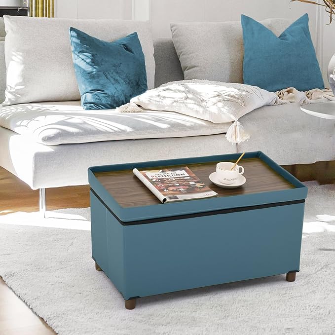 Dorriss Ottoman Storage Bench for Living Room Storage Ottoman with Tray Bedroom Foot Stool Storage Ottomans Coffee Table Lid Storage Footstool with Legs end of Bed Faxu Leather 30" Inch (D-Blue)