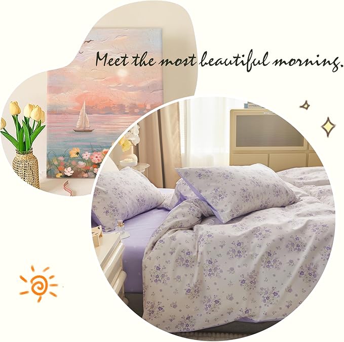 VM VOUGEMARKET Purple Flower Duvet Cover Set Twin Cotton 3 Pcs Girls White Lavender Comforter Cover with Zipper Closure,Romantic Duvet Cover + 2 Pillowcases for Spring