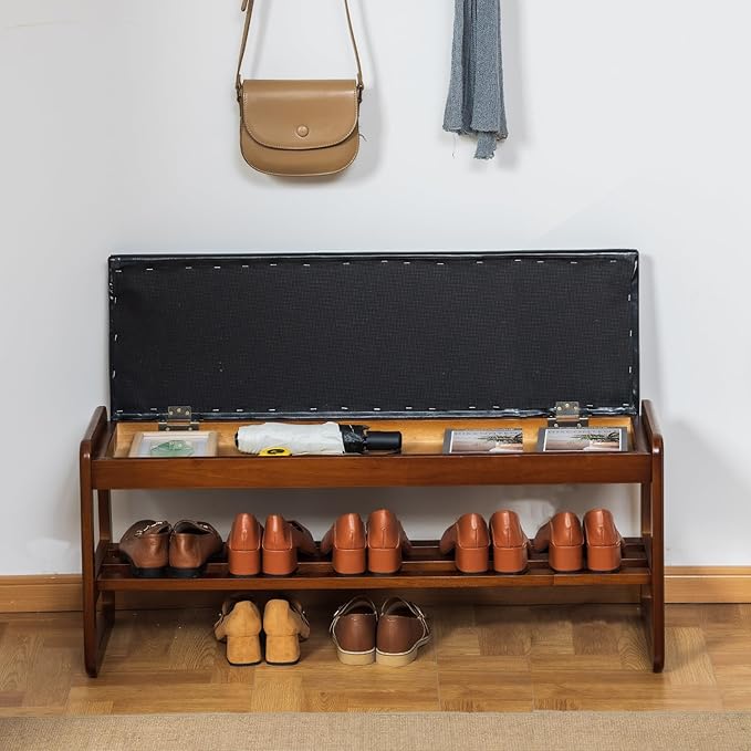 SOBIBO Shoe Bench with Storage - 2-Tier Entryway Bench, Solid Wood Shoe Rack with Cushion & Flip-Open Box, Mid-Century Modern for Hallway, Mudroom, Bedroom (Black, 39.4'')