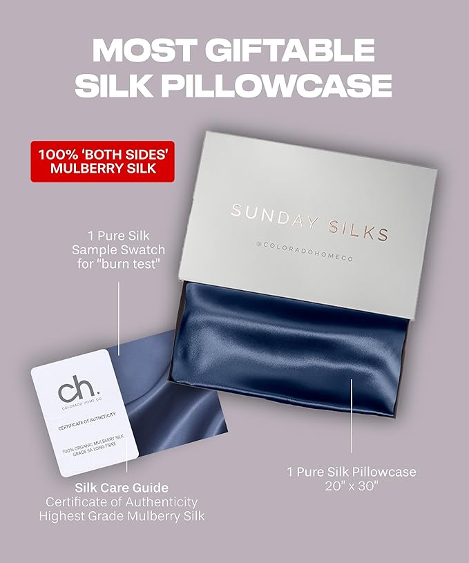 SUNDAYSILKS™ Premium Silk Pillow Cases | 100% Mulberry Silk Pillowcase with Zipper, Real 22 Momme Grade 6A Silk, Standard Queen, King Size [Navy Blue]