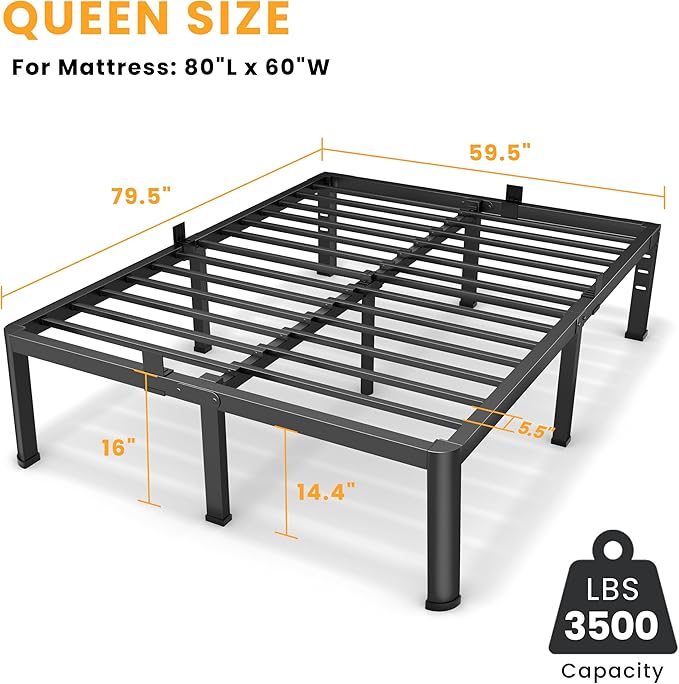 Superay 16 Inch Queen Size Metal Platform Bed Frame with Round Corners, Storage Space Under High Bed Frame-Heavy Duty Steel Slats Support, Noise Free - Easy Assembly - No Box Spring Needed