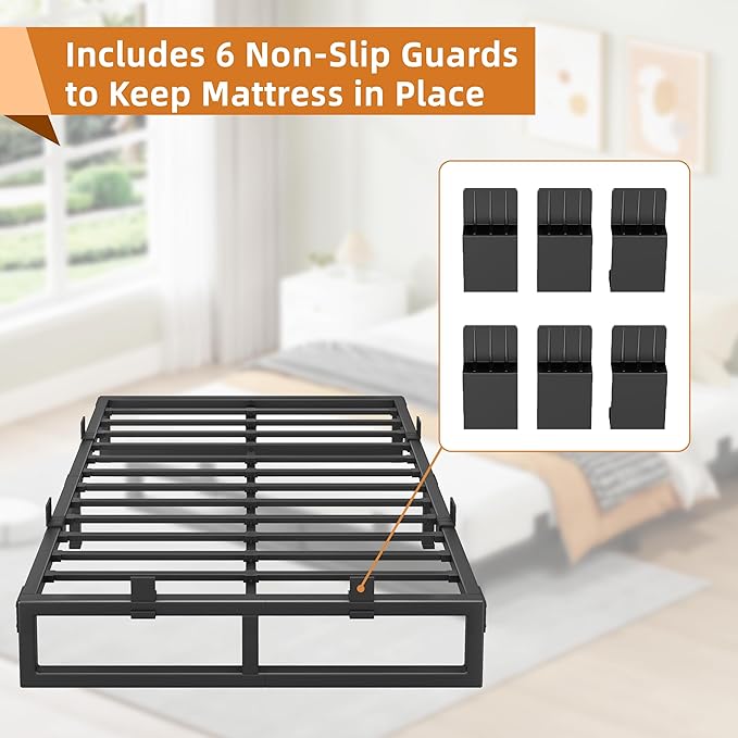 Queen Bed Frame, 10 Inch Metal Platform Bed Frames with Squeak Free U-Slot Design, 6 Non-Slip Guards, 3500lbs Heavy Duty Steel Slat Support, No Box Spring Needed, Under Bed Storage, Black