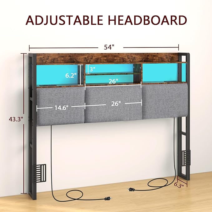 Livofloral Headboard for Full Size Bed with Charging Station and LED Light, Full Bed Upholstered Head Board with Storage Shelves, Full Size Headboard with Power Outlets, Height Adjustable, Brown
