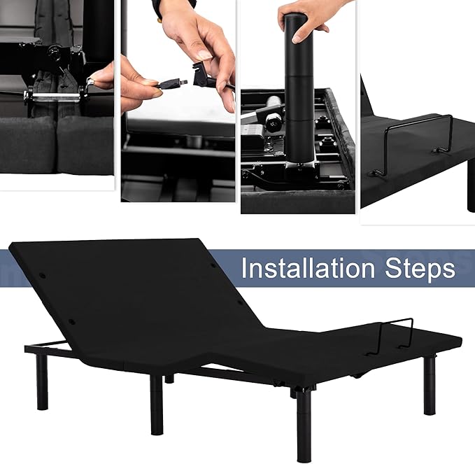 Fromann Adjustable Electric Queen Bed Base Frame with Massage,USB Type-C Ports, Zero Gravity, Under Bed Led Lighting and Three Leg Height (Black)