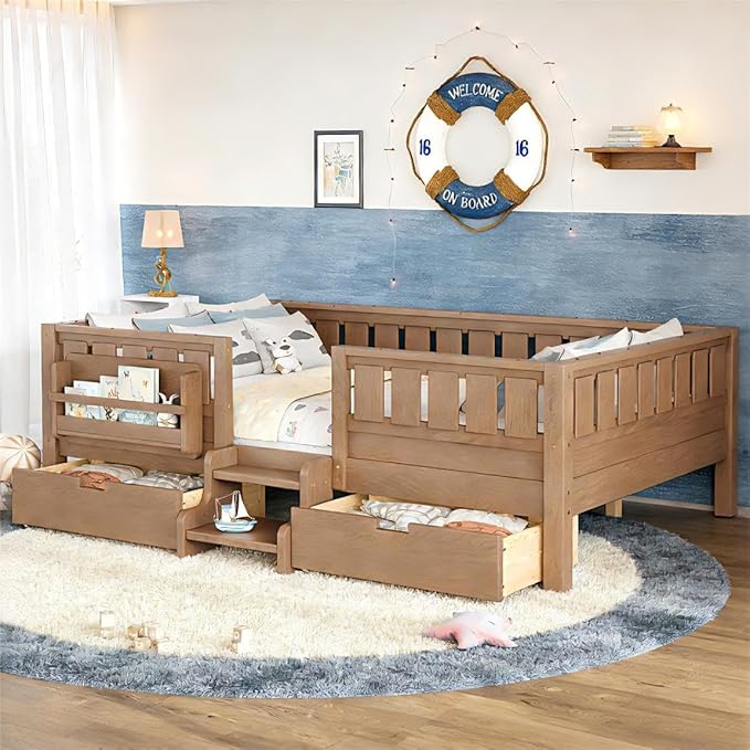 Bellemave Full Size Bed Frame with Storage Drawers & Bookshelf, Low Profile Kids Bed with Staircase & Full Length Guardrails, Solid Wood Full Size Bed Frame Kids with Slats Load 450 LBS, Oak Brown