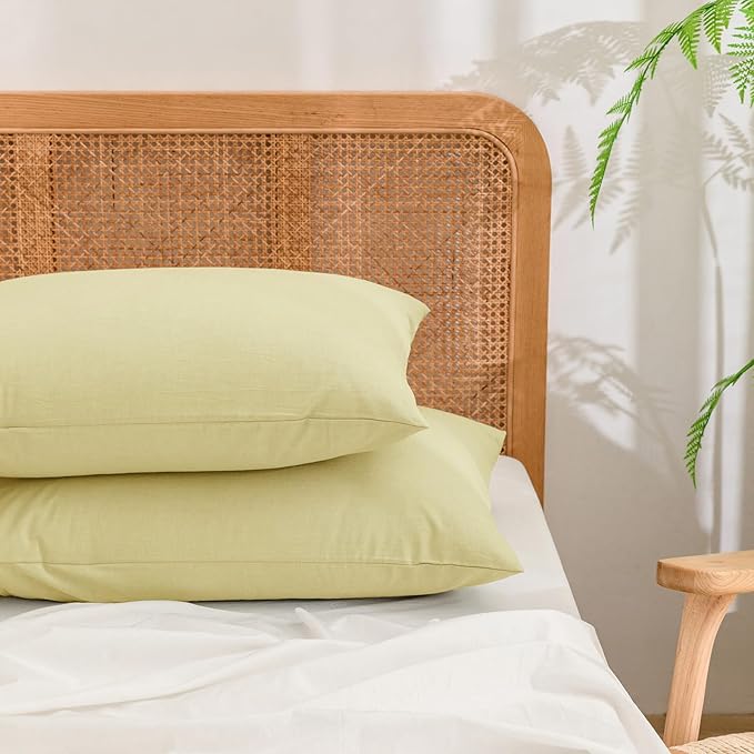 BESTOUCH 100% Washed Cotton Pillowcase for Hair and Skin Linen Feel Soft Comfortable Breathable 2 Set Pillow Case with Envelope Closure Solid Light Yellow Queen 20x30 Inches