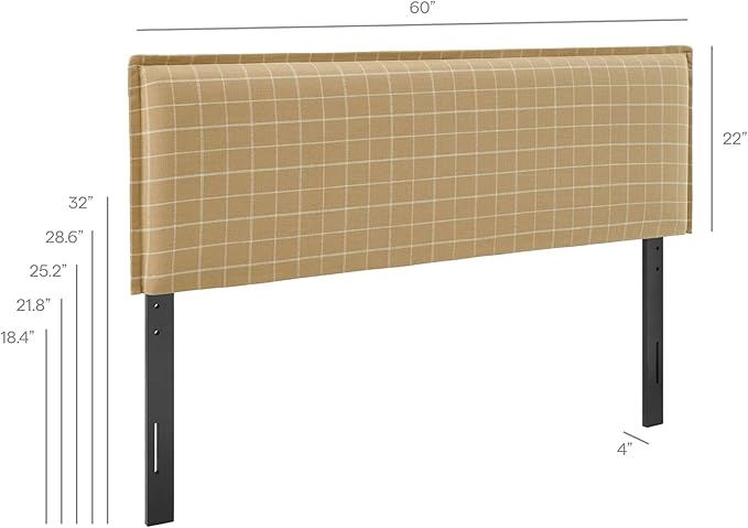 Modway Camille Full Size Checkered Linen Blend Plaid Headboard with Removable Slipcover – in Artichoke Windowpane Check - Padded Pillow Style Headboard with Adjustable Mounting for Full Beds