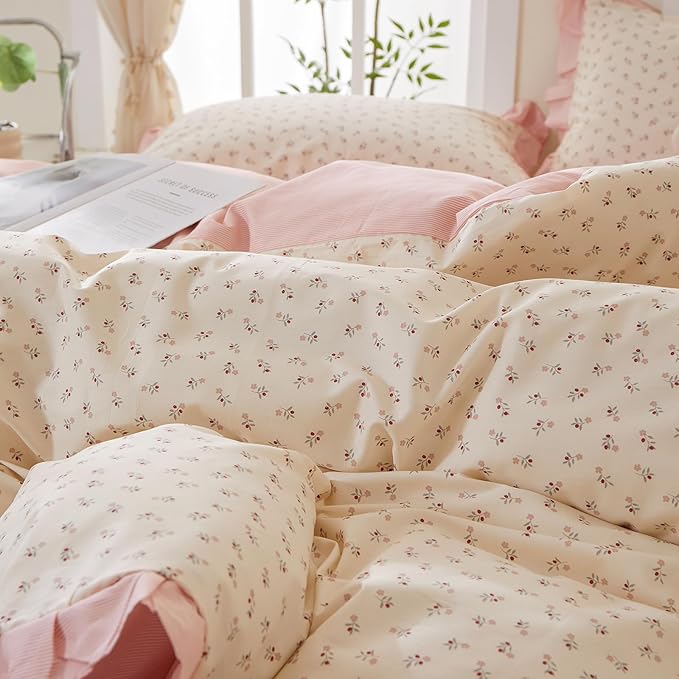 mixinni Pink Floral Duvet Cover Set Queen Size – 100% Cotton Ruffle Lace Bedding, Romantic Blushing Flower Print, Reversible Striped Pattern, Cottagecore Soft Aesthetic Princess Bedding for Girls