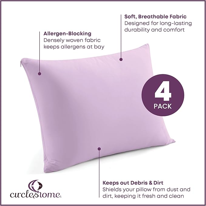CirclesHome Pillow Protectors 4 Pack King Zippered - 100% Cotton Breathable Pillowcases - Protects Pillows from Dirt, Dust and Debris (King - Set of 4 - 20x36)