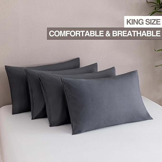 MINIPANDA Dark Gray King Size Pillow Cases Set of 4 - Super Soft, Smooth and Breathable Grey King Pillow Cases - Envelope Design - Machine Washable Lightweight (20X40 Inches (4 PIECE))