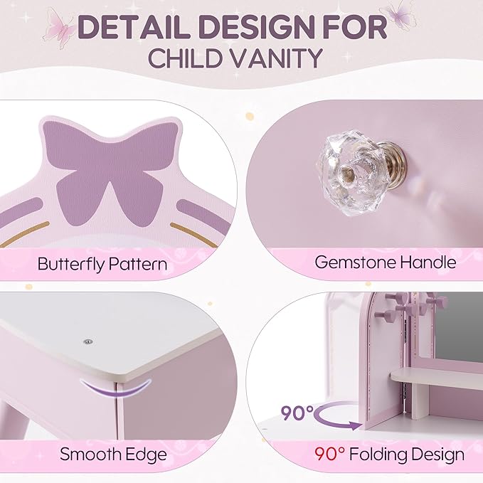 ROBOTIME Purple Kids Vanity Set, Makeup Vanity Desk with Mirror, Chair and Storage Drawers, Little Girl Dressing Table with Stool for Toddlers Ages 3+
