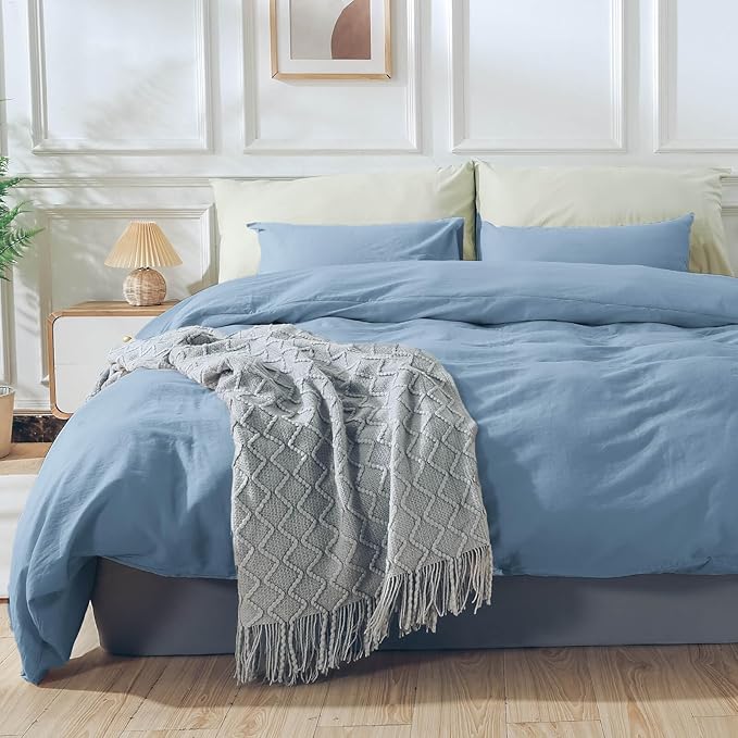 NEXHOME PRO Duvet Cover Set 100% Washed Cotton California Kingn 104"x98", Organic Natural Linen Look Textured 3 Pieces Bedding Set Blue with Zipper Closure & Corner Ties, Breathable (No Comforter)