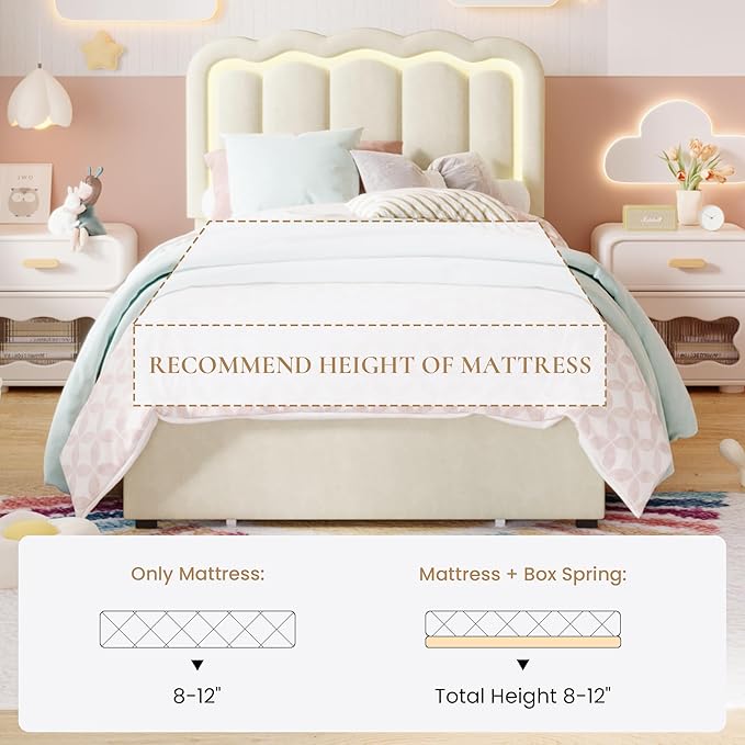 SHA CERLIN Upholstered Twin Size Bed Frame with LED Lights and Large Storage Drawer, Velvet Platform Bed with Adjustable Wavy Headboard, Noise Free, Easy Assembly, No Box Spring Needed, Soft Cream