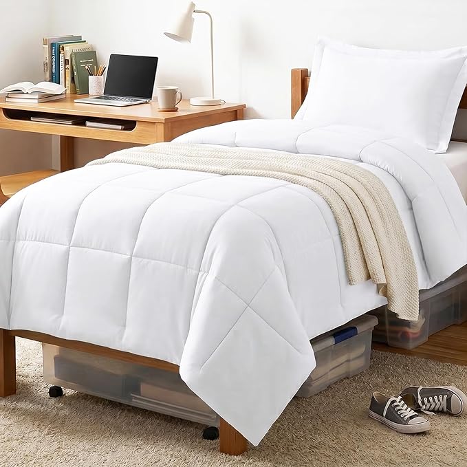 CozyLux Twin/Twin XL Comforter Set White - 270GSM Box Stitched Bedding Set for College Dorm & Back to School, Lightweight All Season for Teen Boys, Girls, 2 Pcs with Comforter and Pillow Sham