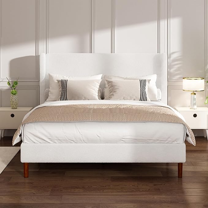 Queen Boucle Bed Frame, Platform Bed with Upholstered Wingback Headboard, Strong Wooden Slats Support, Noise-Free, Easy Assembly, No Box Spring Needed, White