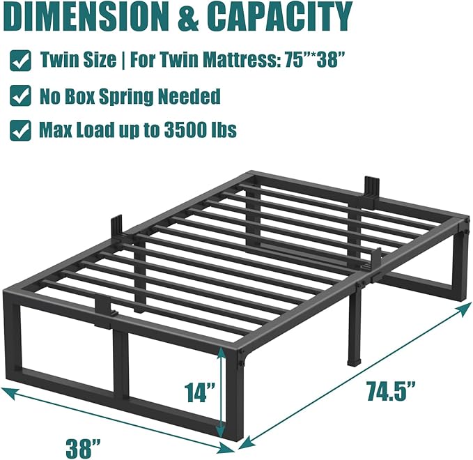 Yitong Angel Twin Bed Frames Platform, 14 Inch High 3500 lbs Heavy Duty Metal Platform, Mattress Foundation with Steel Slat Support/No Box Spring Needed/Noise Free/Non-Slip/Easy Assembly