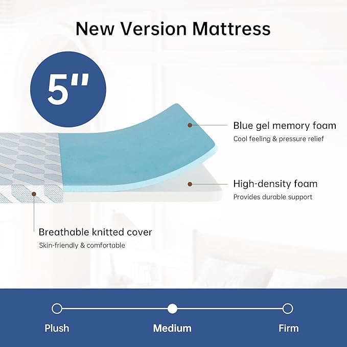 TFD Twin XL Mattress, 5 Inch Cooling Gel Memory Foam Mattress in a Box for Pressure Relief, No Fiberglass, Motion Isolation, Removable Washable Cover, Medium Firm, 80''L x 38''W