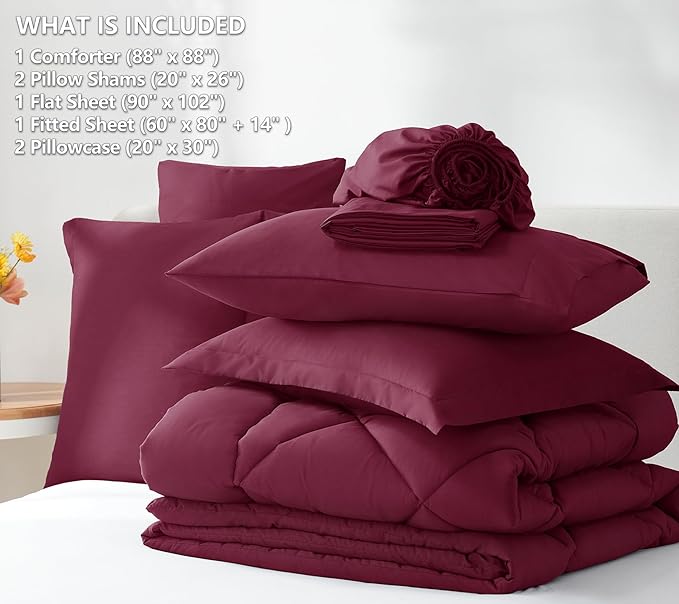 CozyLux Queen Comforter Set Burgundy - Bed in a Bag Queen Size 7 Pieces, Luxury Soft Bed Set for All Seasons, Bedding Set with Down Alternative Comforter, Sheets, Pillowcases & Shams, Red
