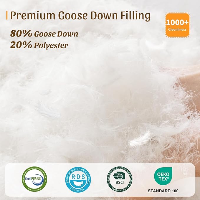 Goose Down Pillow Queen Size Set of 2, 1250+ Fill Power, 600 Thread Count Cotton Shell, for Side, Back(White,Queen(Pack of 1))