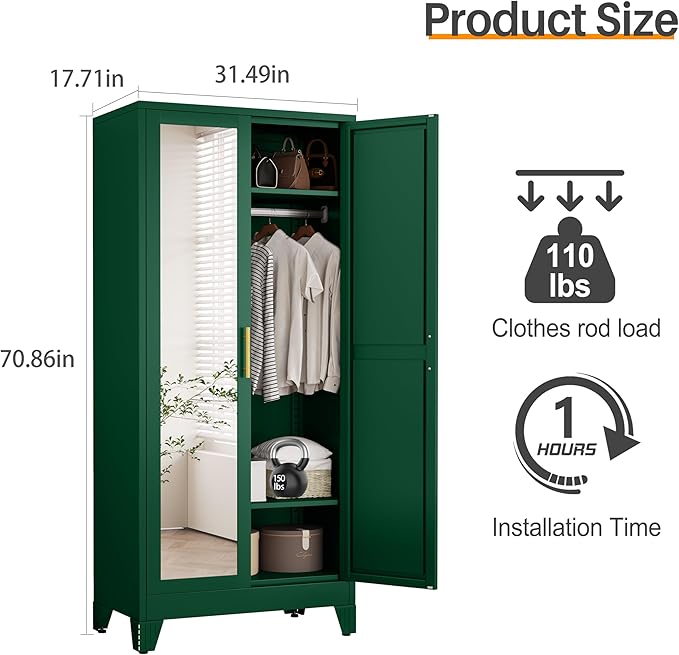 RIETERN Metal Armoire Wardrobe Closet, 71" Tall Bedroom Closet with Mirror, Adjustable Shelves, and Hanging Rod, Steel Clothes Closets and Storage, for Bedroom Green