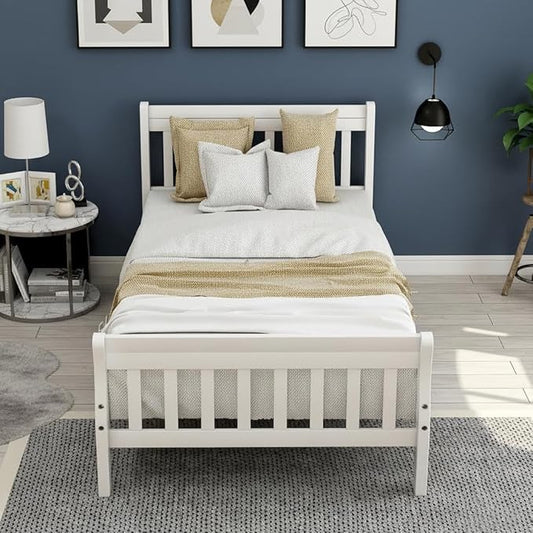 SOFTSEA Twin Size Wood Platform Bed with Storage, Wooden Twin Bed Frame with headboard, Twin Kids Bed Frames, Save Space, White