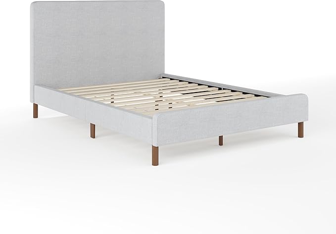 Martha Stewart Britta Platform Bed with Headboard & Footboard, Faux Linen Upholstery with Piping Detail, Rounded Headboard, No Box Spring Needed, Full, Gray