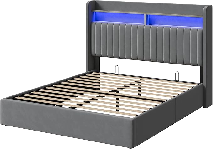 SHA CERLIN Queen Size Lift Up Storage Bed Frame/LED Lights/Charging Station/2-Tier Shelves Headboard/USB,Type-C Ports/Velvet Upholstered/Hydraulic Support/No Box Spring Needed/Noise Free/Gray
