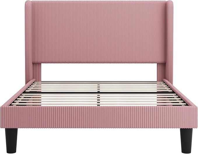 SHA CERLIN Queen Size Corduroy Upholstered Platform Bed Frame with Vertical Channel Tufted Wingback Headboard, 8" Under Bed Storage, Wooden Slats & Metal Frame Support, Easy Assembly, Light Pink