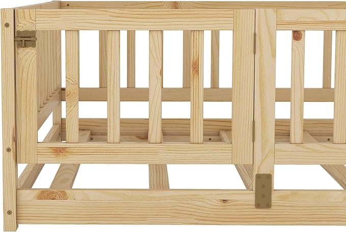 Bellemave Ful Montessori Floor Bed with 21.5" High Rails and Slats, Pine,Plywood Floor Bed with Small Door, Natural