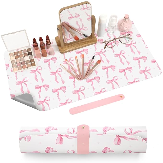 Teenyyou Coquette Bow Makeup Mat for Vanity Top Protector Graduation Gift Dual Side Leather Desk Mouse Pad Girly Waterproof Nonstick Dressing Accessories for Women Home Office(Pink,11.8"x23.6")