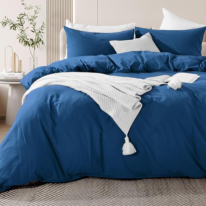 NEXHOME PRO 100% Washed Cotton Duvet Cover Super King 108"x98", Organic Natural Linen Look Textured 3 Pieces Bedding Set Royal Navy Klein Blue Breathable (No Comforter)