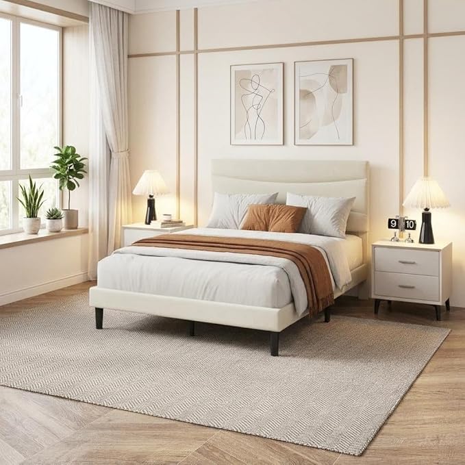 IDEALHOUSE Full Size Upholstered Platform Bed Frame with Ergonomic Headboard, Beige Soft Fabric, Heavy Duty Wooden Slats, Noise-Free, 6.3" Underbed Storage, No Box Spring Needed, Easy Assembly