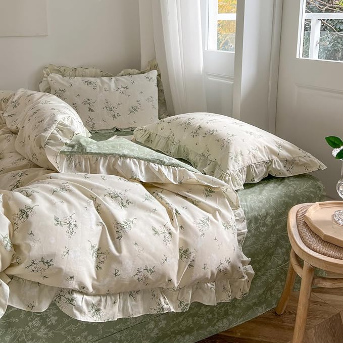 mixinni Reversible Sage Green Floral Duvet Cover Set Twin Size - 100% Cotton Soft Botanical Bedding with Ruffle Lace, 3 Pieces Cute Aesthetic Cottagecore Antique Style Quilt Cover Set for Girls Women