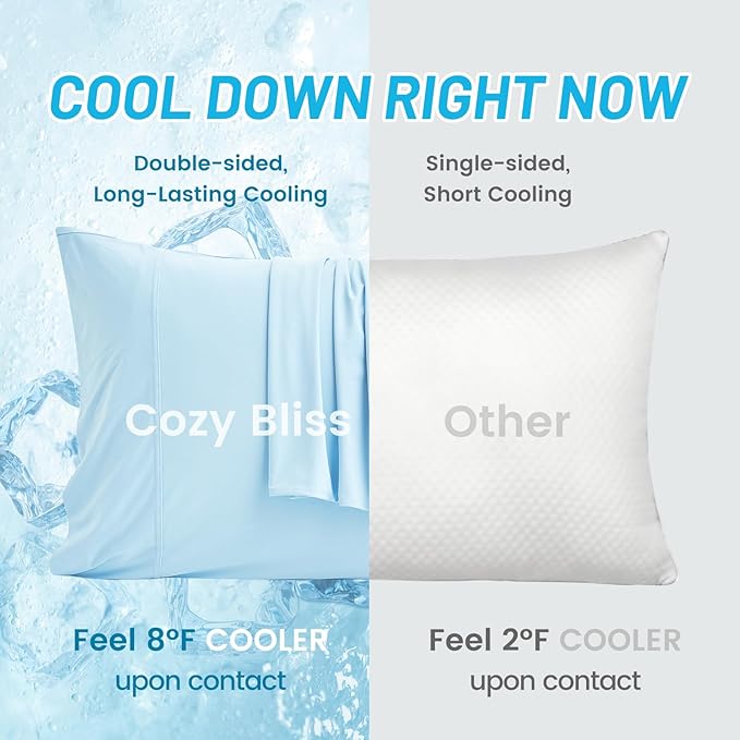 Cozy Bliss Cooling Pillow Cases for Hot Sleepers, Q-Max>0.45, Standard Size Set of 2, Soft & Silky Pillow Covers with Envelope Closure,Gift, Cool Blue, 20x26 Inches