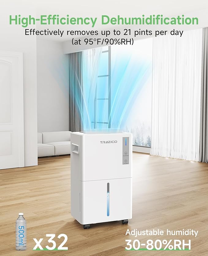 1500 Sq.ft Dehumidifier for Basement, Trazico 21 Pint Quiet Dehumidifiers for Home with Drain Hose, Smart Humidity Control, 3 Modes, 24H Timer, Auto Defrost, for Large Room, Bedroom, and Bathroom
