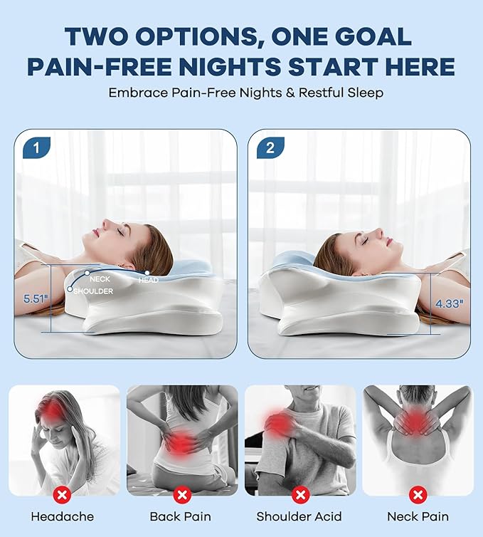 DONAMA Cervical Pillow for Neck and Shoulder Pain Relief, Cooling Contour Memory Foam Pillow, Dual-Height Ergonomic Neck Support Pillow for Side Back Stomach Sleepers with Removable Pillowcase