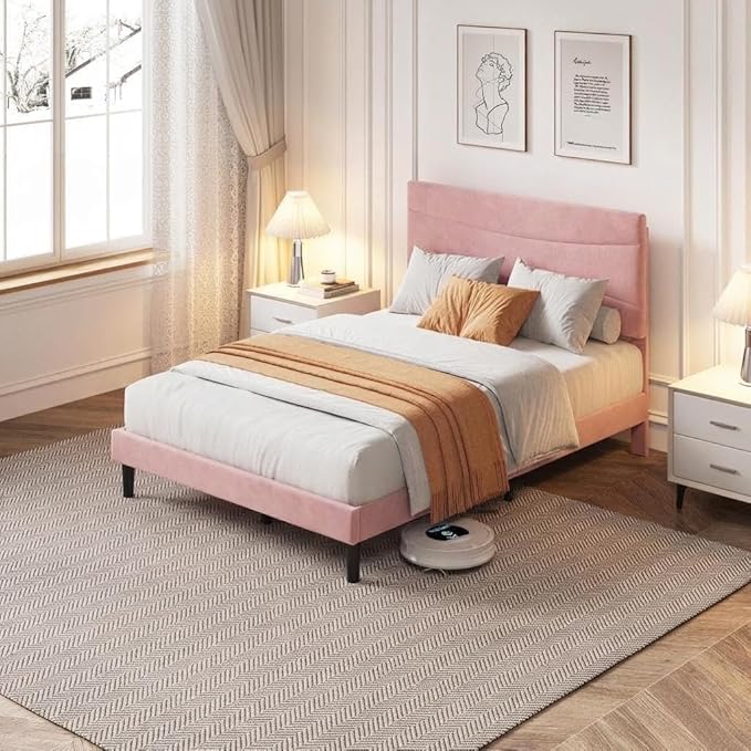 IDEALHOUSE Full Upholstered Platform Bed Frame with Ergonomic Headboard, Beige Soft Fabric, Heavy Duty Wooden Slats, Noise-Free, 6.3" Underbed Storage, No Box Spring Needed, Easy Assembly