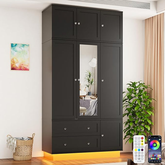 92.2" Tall Armoire Wardrobe Closet with Mirror & Motion Sensor Light, Large Storage Cabinet with 2 Drawers, Hanging Rod & Adjustable LED Strip, Anti-Tipping Wood Bedroom Furniture, 47.4"L, Balck