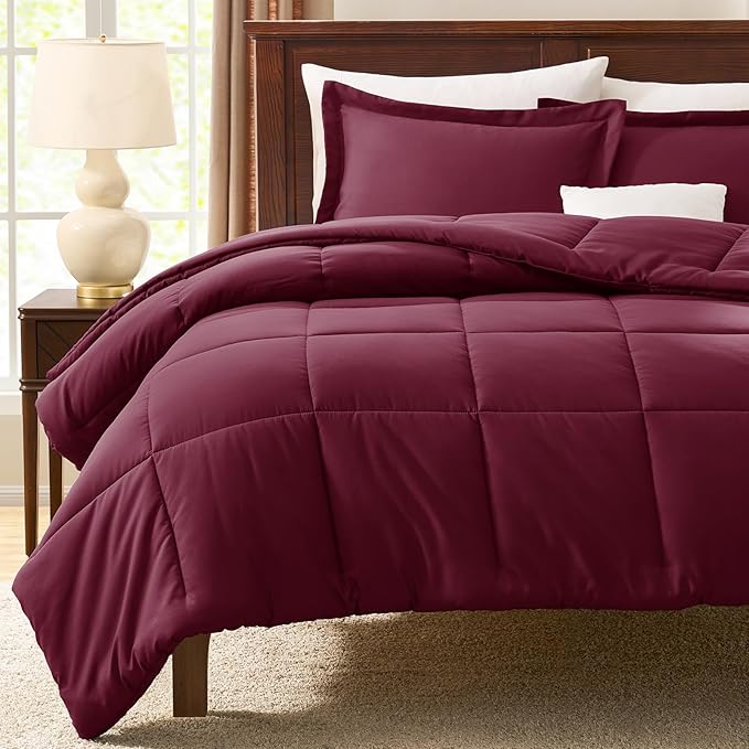 CozyLux Full Size Comforter Sets - 270GSM Burgundy Bedding Sets for All Seasons, 3 Pieces Box Stitched Bed Set with 1 Down Alternative Comforter and 2 Pillow Shams, Soft, Lightweight, Breathable