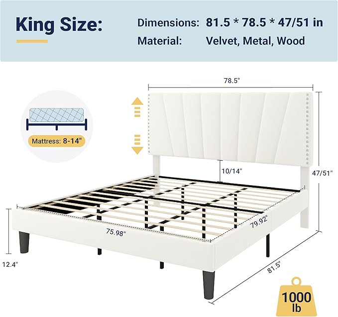Allewie King Size Bed Frame with Adjustable Velvet Upholstered Headboard, Rivet-Style Nailhead Trim Detail Platform Bed Frame, Wooden Slat Support, No Box Spring Needed, Easy Assembly, White