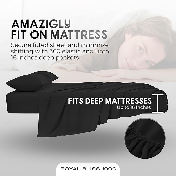 Royal Bliss Split California King Sheet Set - 1900 Ultra-Soft Microfiber Cal King Bed Sheets - Double Brushed - Deep Pockets - Easy Fit - 5 Piece Set - Bed Sheets -Ultra Soft (Black)