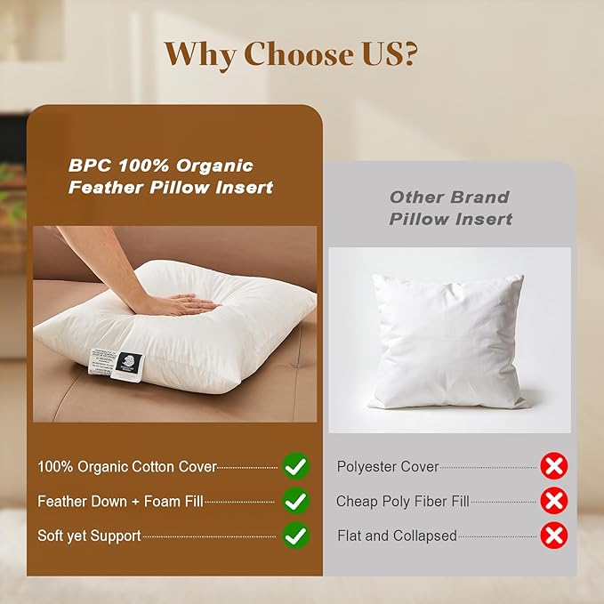 BPC 14x24 Down Feather Lumbar Pillow Inserts Set of 2, 100% Organic Cotton Cover, Soft Decorative Throw Pillows for Sofa, Couch and Bed, White