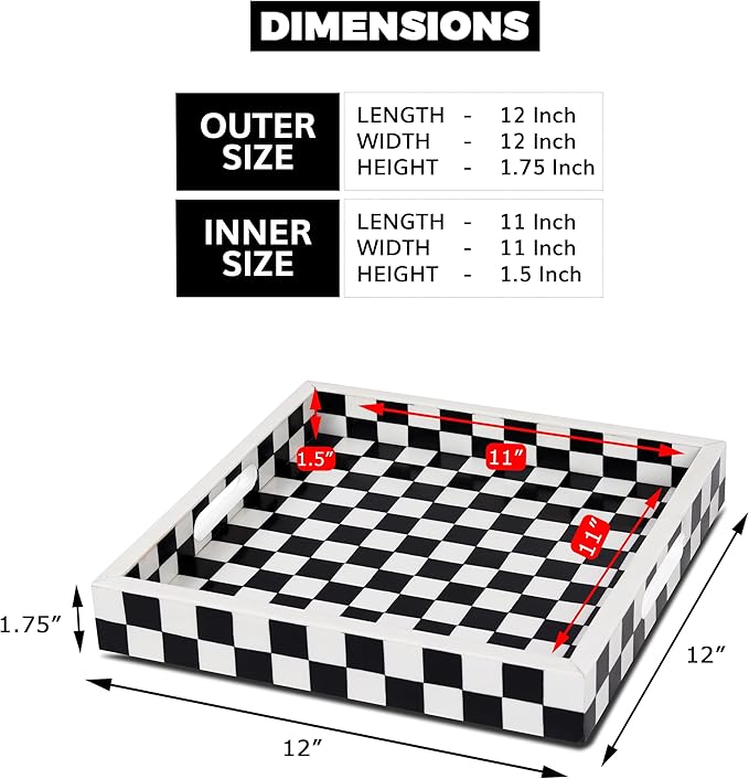 Handicrafts Home 12x12 Decorative Serving Tray, Black and White Checkered Resin Inlay Tray, Square Coffee Table Ottoman Tray for Living Room, Kitchen, Guest Tray Entertaining and Display Centerpiece