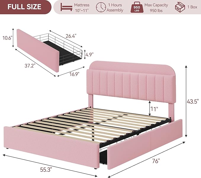 Garvee Full Size Bed Frame with 2 Flexible Drawers, Boucle Upholstered Platform Bed Frame with Bookcase Headboard, Bedframe for Kids/Girls, Easy Assembly, No Box Spring Needed, Noise Free, Pink