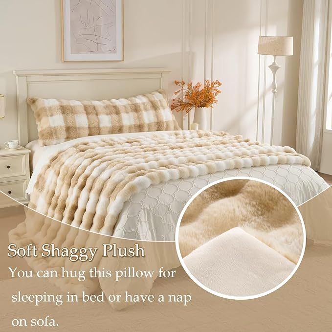 Luxury Shaggy Faux Fur Body Pillow,Fluffy Bed Pillow with Zipper Closure,Soft Decorative Plush Full Long Pillows,Fuzzy Hug Pillow for Living Room Side Sleeper & Pregnancy 20"x54" Cream and Camel