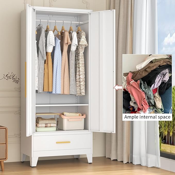 72" Tall Metal Wardrobe Closet - Large Clothing Storage Cabinet with 1 Hanging Rod, 1 Adjustable Shelve, 1 Drawer & Mirror Doors - Closet Organizer for Bedroom, Office, Laundry Room, Garage - White