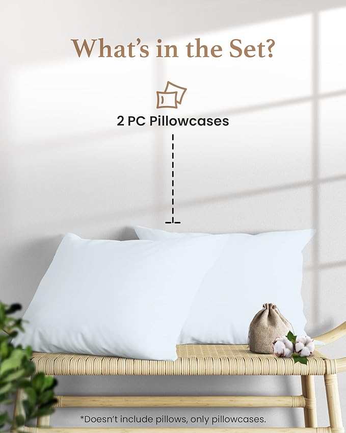 1000 TC Light Blue Standard Pillowcases Set of 2 100% Egyptian Cotton Pillow Cases with Long Staple Cotton & Sateen Weave, Silky Soft Hotel - Like Bed Pillow Covers for Comfy Sleeping, Snug Fit