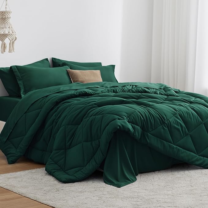Love's cabin Twin Comforter Set Dark Green, 5 Pieces Twin Bed in a Bag, All Season Bedding Sets with 1 Comforter, 1 Flat Sheet, 1 Fitted Sheet, 1 Pillowcase and 1 Pillow Sham | Soft, Breathable, Lightweight, Comfortable