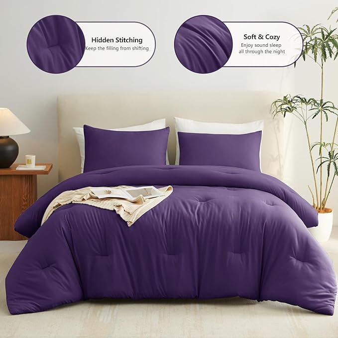 CozyLux King Size Comforter Set Purple, 3 Pieces Solid Comforters King Size Breathable Quilted Bedding Set, Luxury Soft Lightweight Bed Set with Down Alternative Comforter and 2 Pillowcases All Season